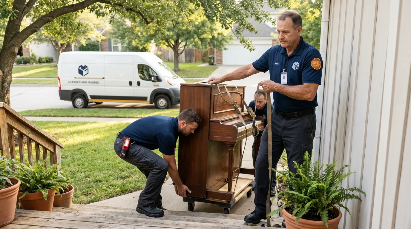 Licensed piano movers securing grand piano in Rossville, IL