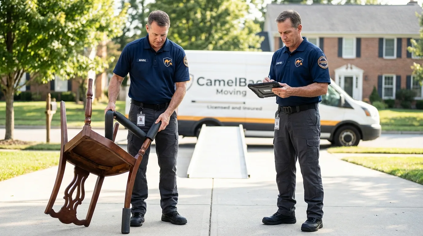 Movers inspecting furniture for damage prevention before loading in Rossville, IL