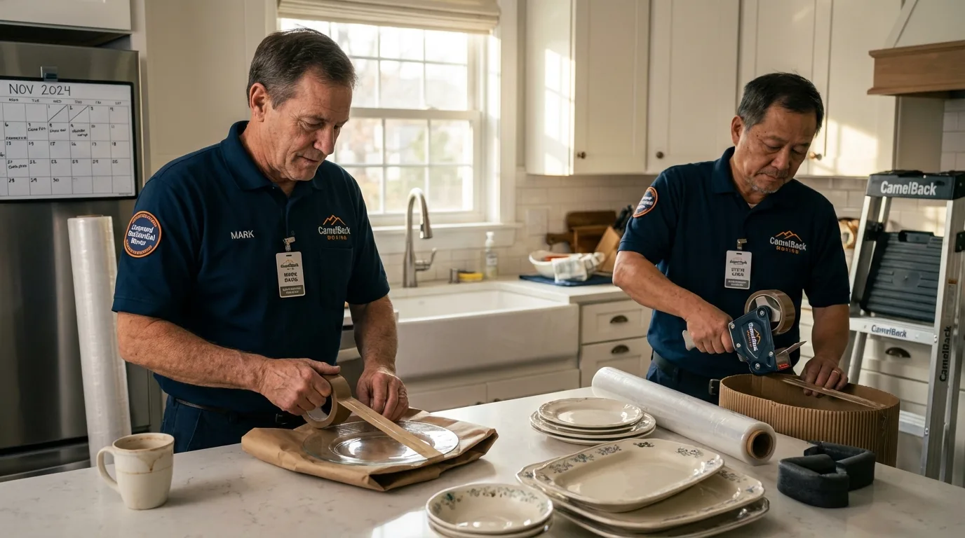 Professional crew packing kitchen dishware in Rossville, IL